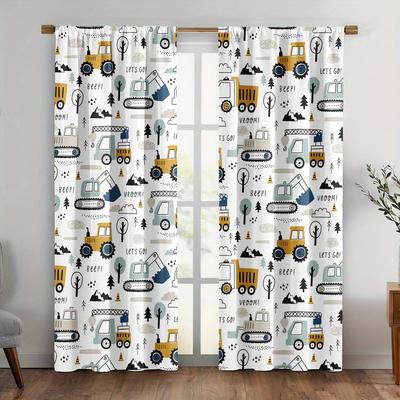 Cartoon Engineering Vehicle Printed Curtains, Christmas Decorations, Bedroom And Living Room, Home Decoration, Room Decoration