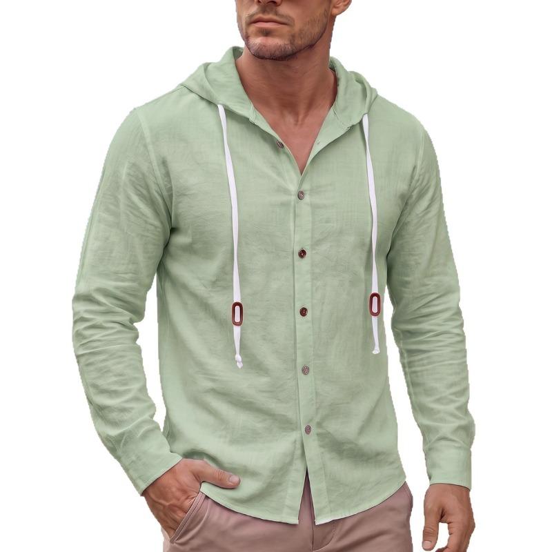 Men's Hooded Linen Blend Shirt, Loose Fit Button-Up Shirt, Long Sleeve Wrinkle-Free Moisture Wicking Casual Top