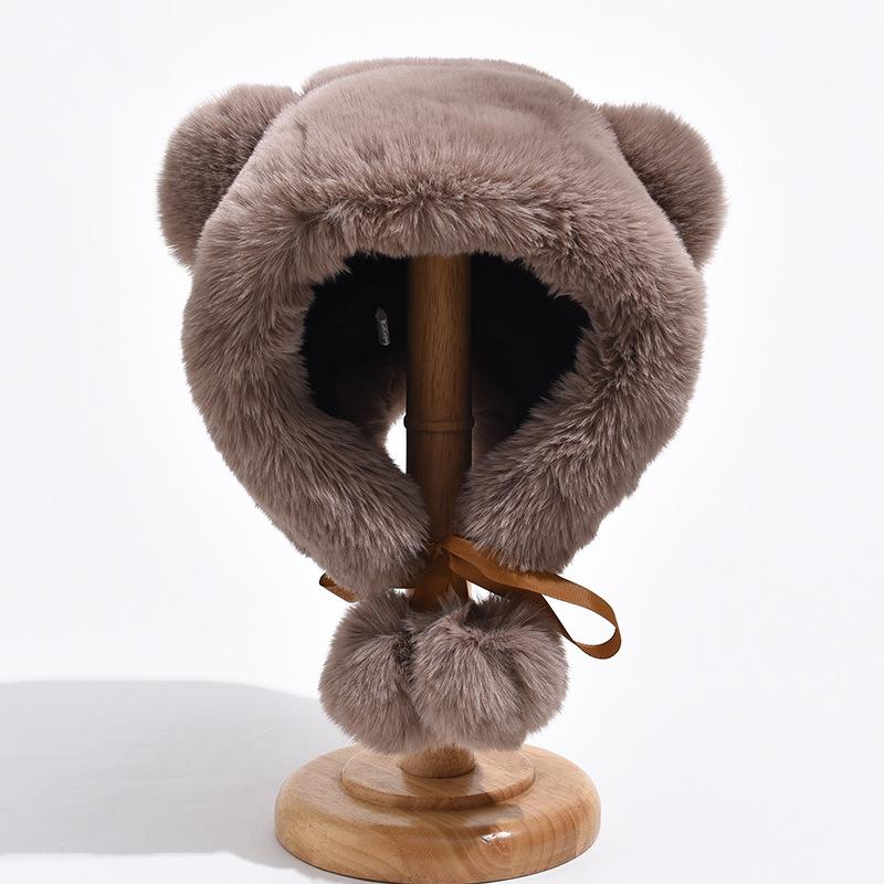 Bear Ears Hat Female Fall and Winter Sweet and Cute Lei Feng Cap Plush Ball Ball Hundred with Ear Protection Warm Cycling