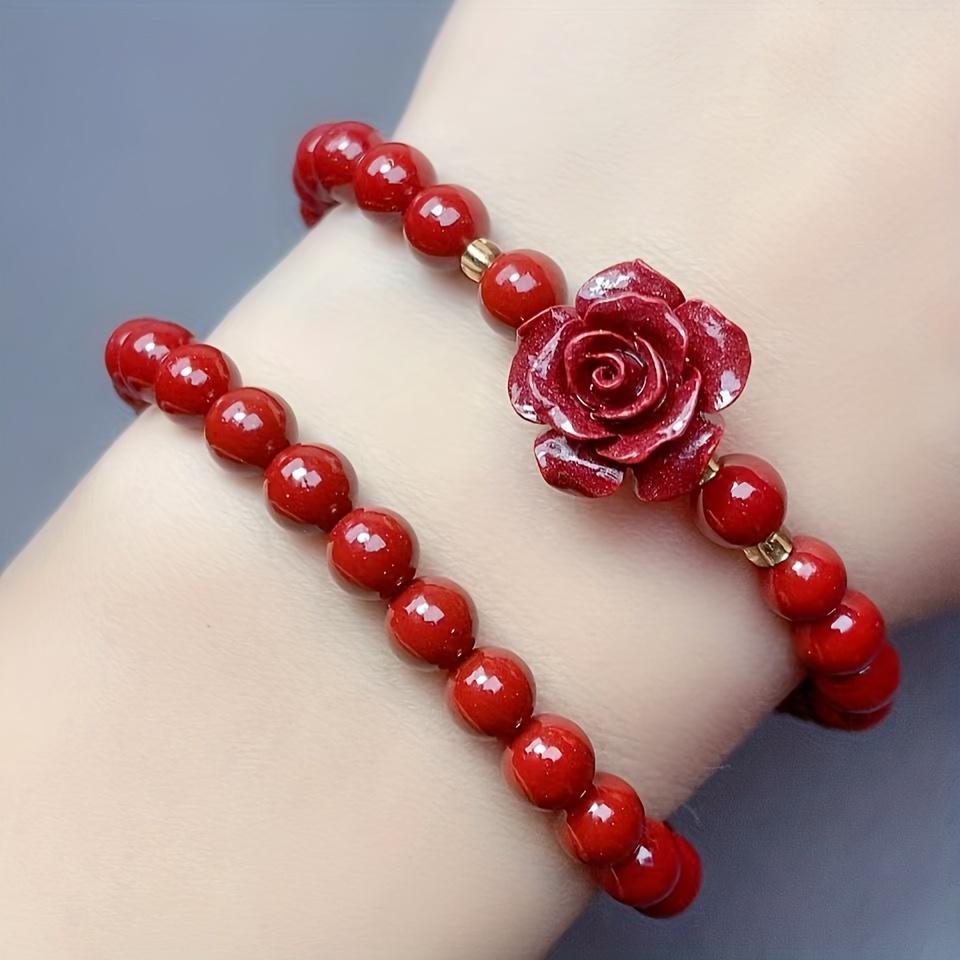 2025 Popular Cinnabar Rose Transport Bracelet, Featuring A Rose Single Circle Design and A Fashionable and Versatile Hand Accessory for Both Men