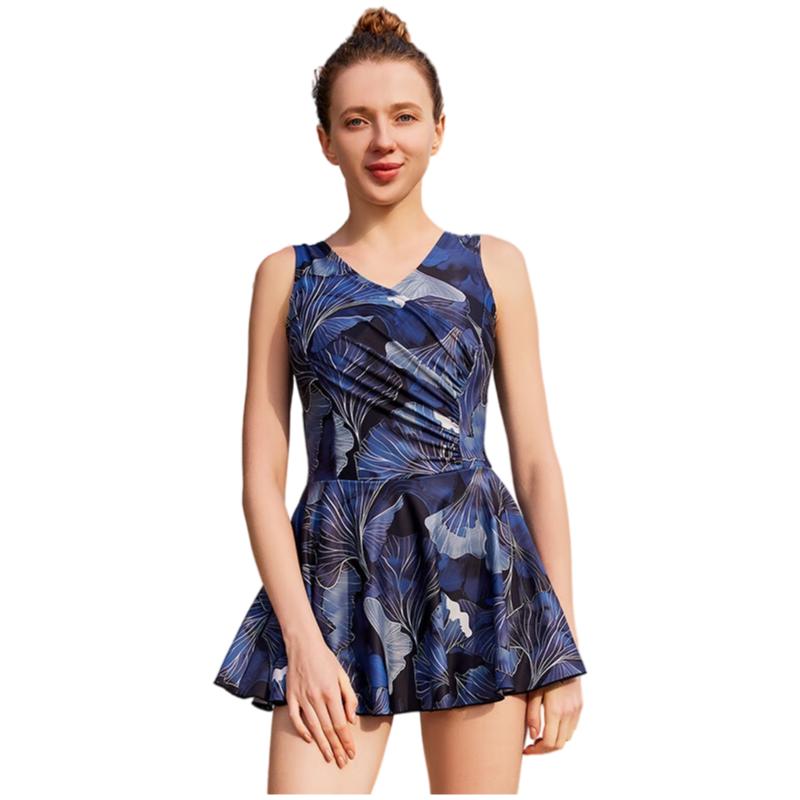 HEATWAVE Deep Blue Fashionable Hot Spring Conservative Mom Floral Swimsuit