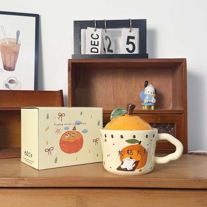 Cute Orange Cat Mug with Lid Creative Good Luck Cup Girls Home Coffee Cup Chinese New Year Gift