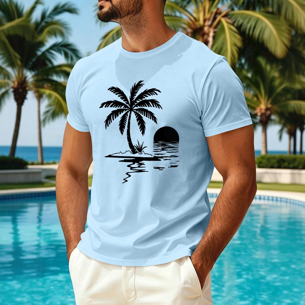 Men's Summer Hawaiian Print Crew Neck Ice Silk Shirt Casual Quick Dry Short Sleeve Sun Protection Top for Outdoor Activities