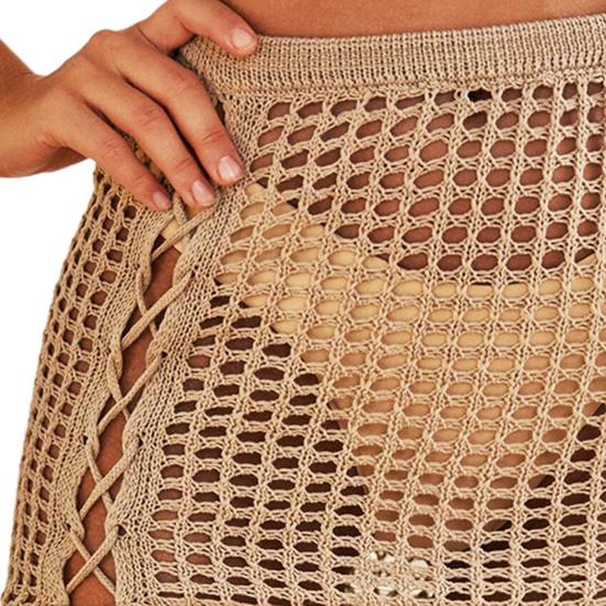 Beach Skirt Solid Color Drawstring Sexy Hollow Out Hight Waist Summer Skirt Holiday Clothes