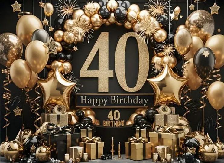 Black Gold Gift Box Star Foil Balloon Theme 40th Birthday Banner Backdrop Adult Birthday Party Decoration Photography Backdrop Vinyl 75X50cm