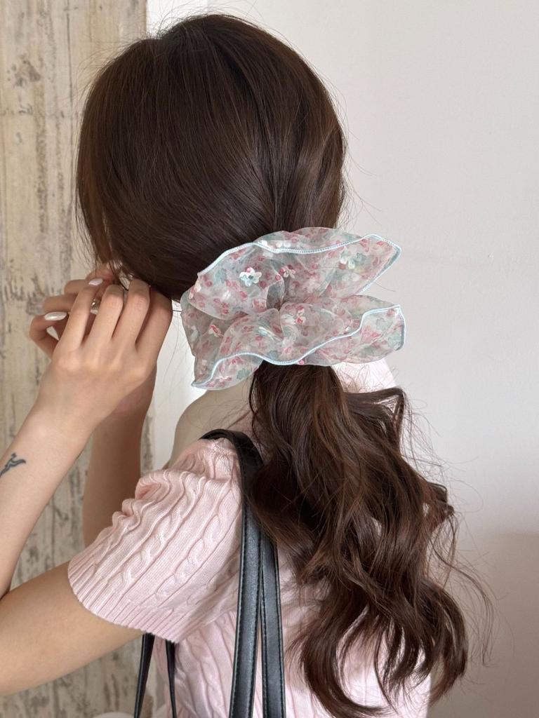 Koreanisches Süßes Flauschiges Blasen-Gaze-Blumen-Scrunchie für Damen Frischer Mori-Stil Sommer-Haarschmuck