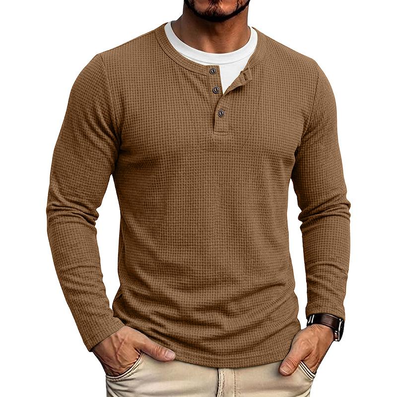 Herbst Winter Herren Fake Two-Piece Langarm Henley T-Shirt Waffel Casual Basisschicht T-Shirts Amerikanischer Stil Oberteile