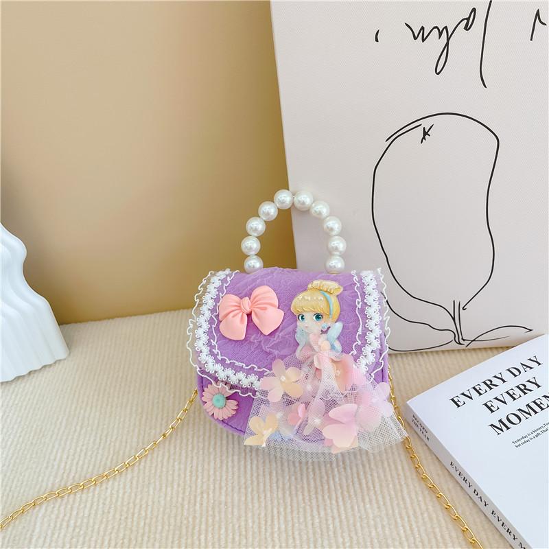 2025 new girls pearl handbag cartoon cute bow princess shoulder bag lace small satchel