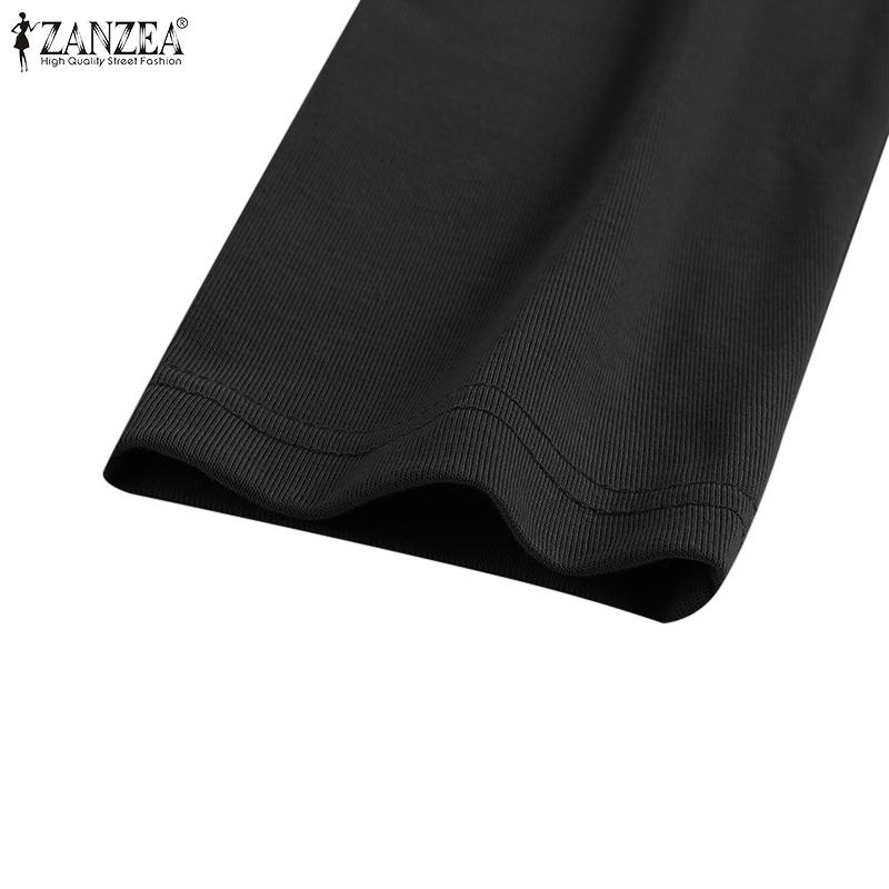 ZANZEA Damen Casual Langarm O-Ausschnitt Einfarbig Vorderschlitz Langes T-Shirt