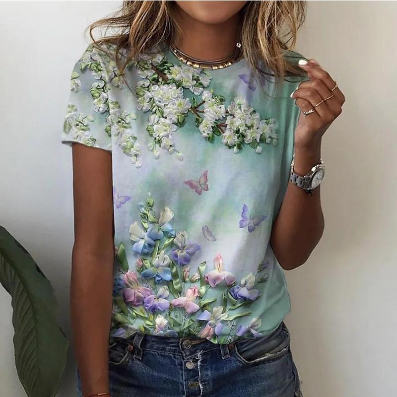 T-shirt per abiti da donna Top moda per donna T-shirt da donna estiva a maniche corte con stampa floreale 3D T-shirt taglie forti