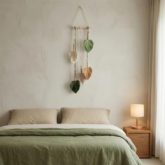 Handmade Bohemian Hanging Tapestry, Wooden Beads Woven Cotton Rope Leaf Tapestry, Living Room Bedroom Wall Art Decoration