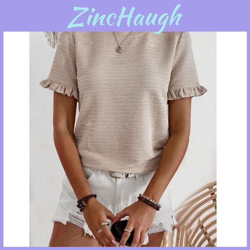 Elegant Spring Summer Womens T Shirt With Ruffle Sleeve Made From Polyester For Office Wear