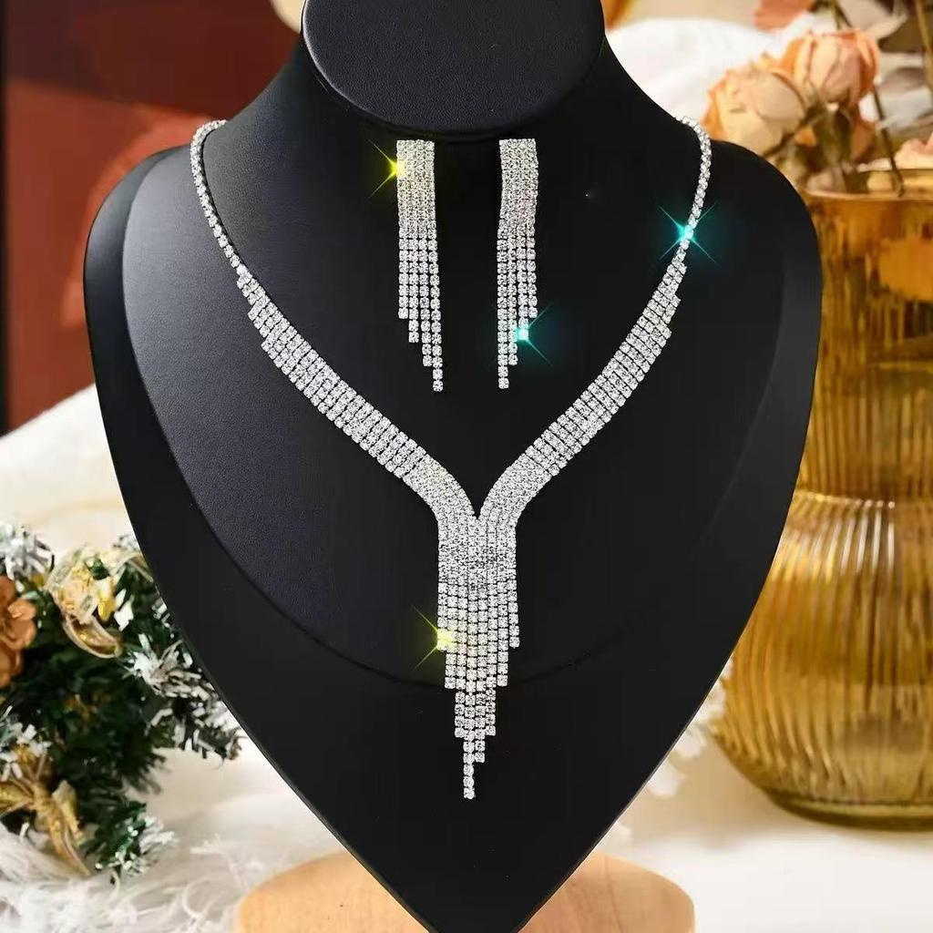 Sparkling Diamond Necklace and Earrings Set for Bride - Elegant Wedding and Evening Jewelry