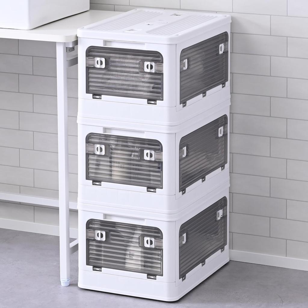 YAMAZEN Small Storage Boxes of Accessible from Any with Container Boxes for Clothing Wide X 29cm Deep X (Set 3), Stackable, Foldable, Direction,