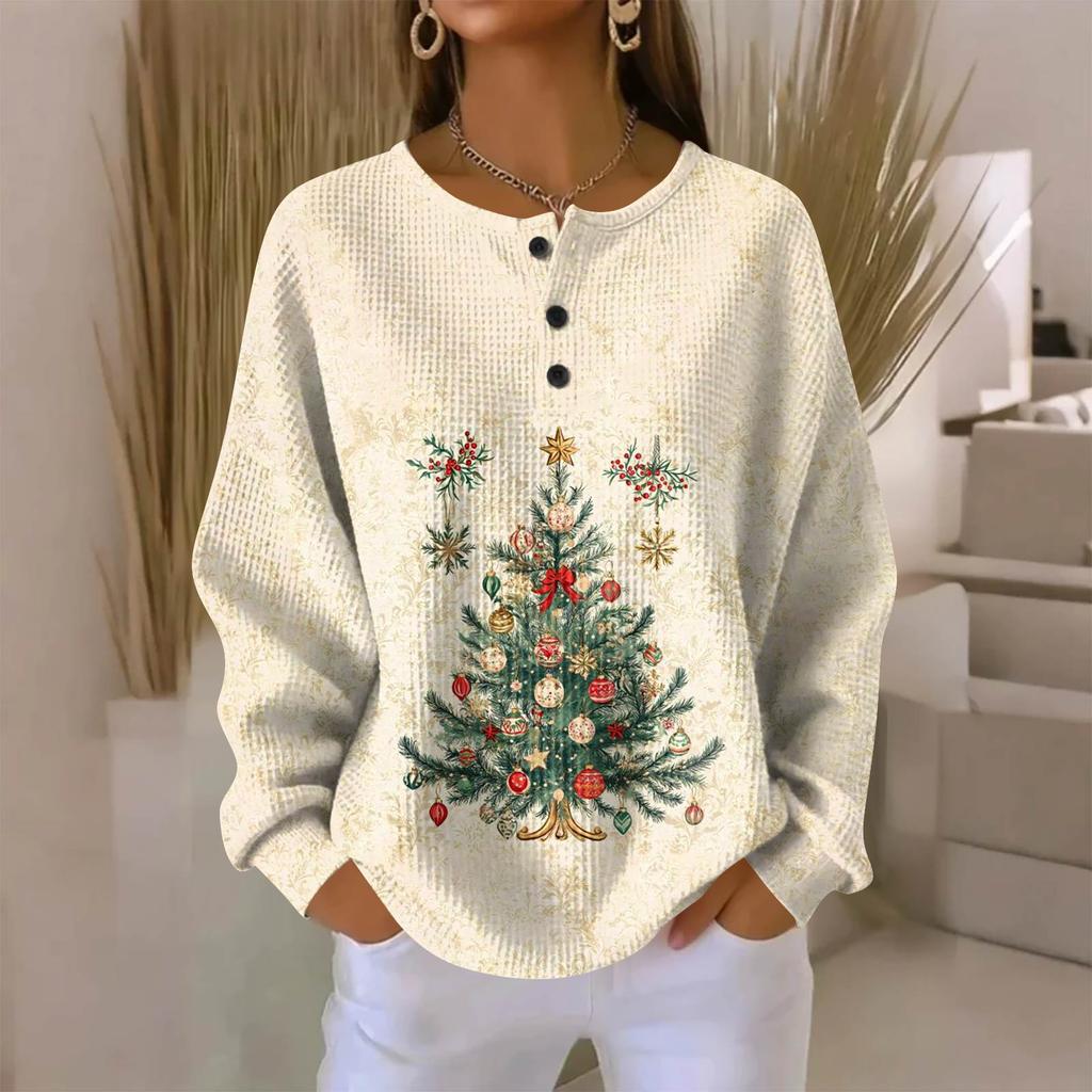 Camicia da donna alla moda casual con stampa natalizia, scollo a V, maniche lunghe e abbottonatura.