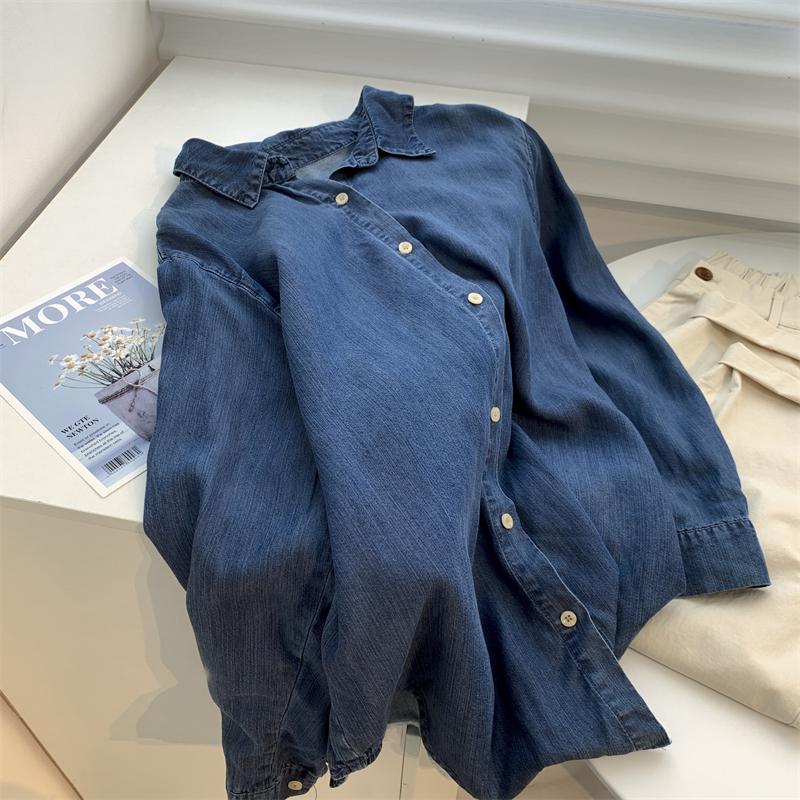 Women's Dark Blue Tencel Denim Shirt Jacket - Soft, Loose, Mid-Length for Autumn