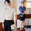 Women's Short Sleeve Satin V-neck Blouse: Wrinkle-resistant, Slim Fit, Professional White Work Shirt for Summer