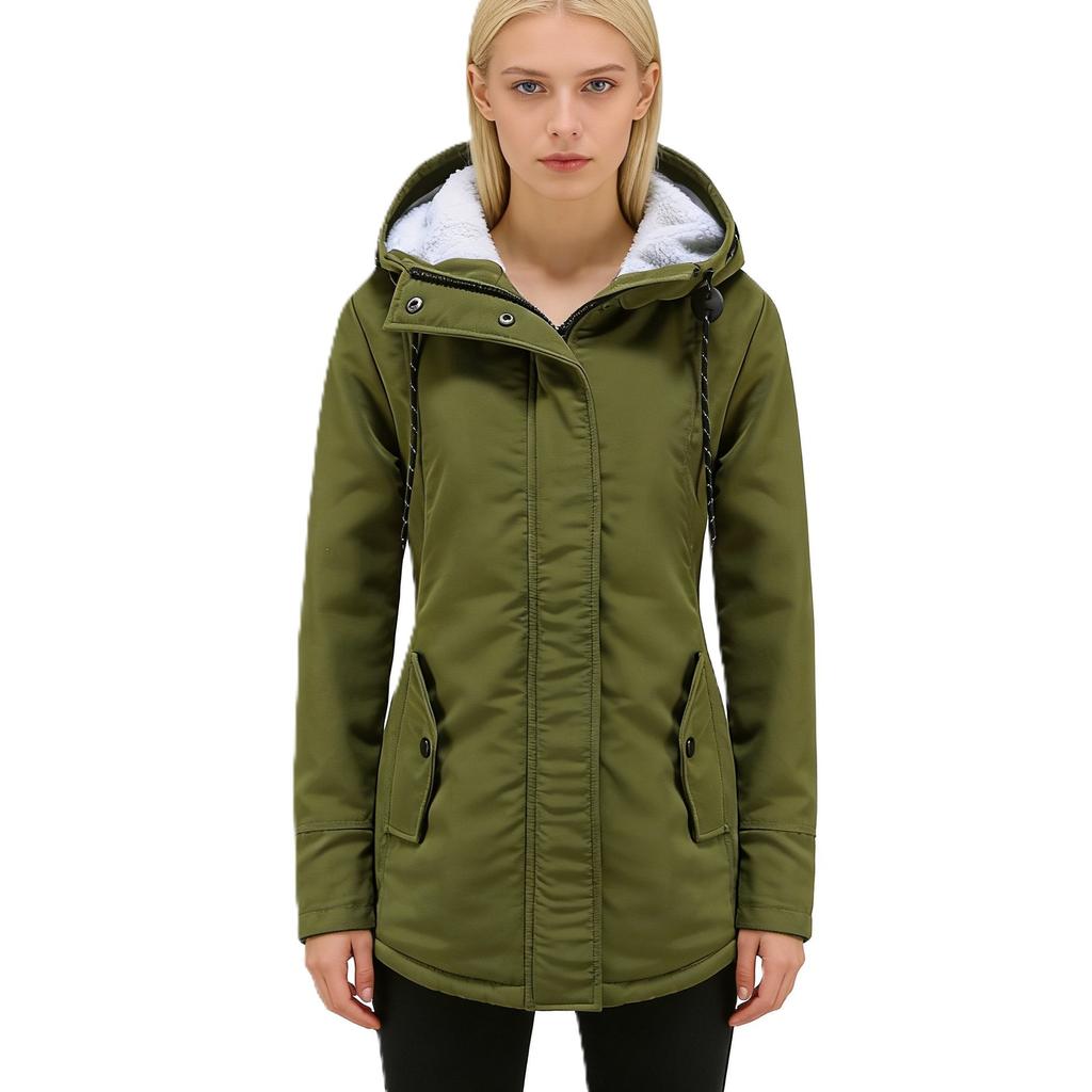 Women's Hooded Sherpa Lined Midi Coat Solid Color Zip Up Warm Winter Casual Outerwear Jacket