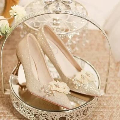 Women's Shoes Shallow Women's High Heels Fashion Floral Wedding Pumps Women New String Bead Crystal Heels Women