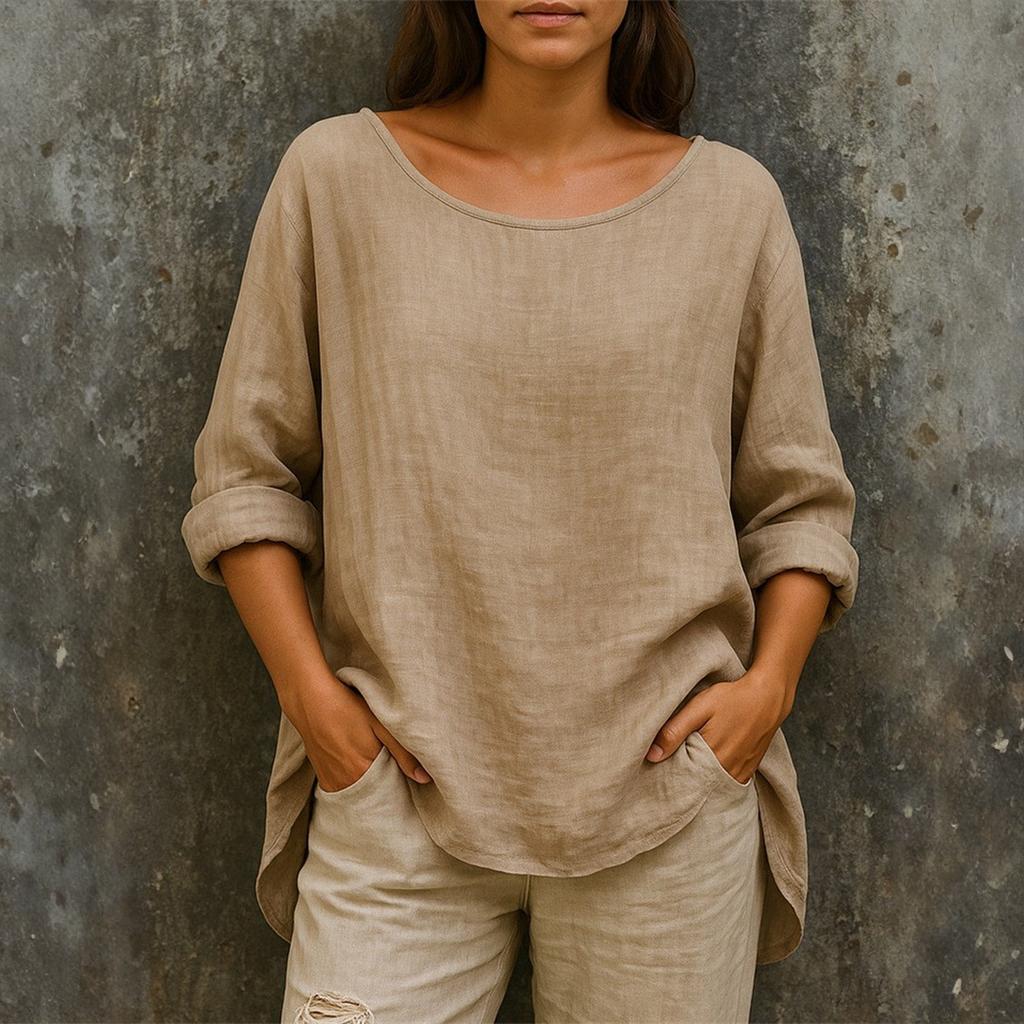 Women's Fashionable Round-neck Long-sleeved Solid-color Pullover Casual Top