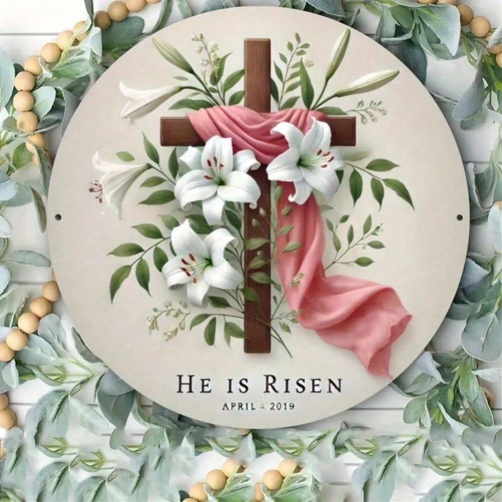 

Metal Easter Cross Sign Religious Wall Decor for Home Indoor Outdoor Garden Patio Garage Bar Round Flat Printed Rustic 20x20 різнокольоровий