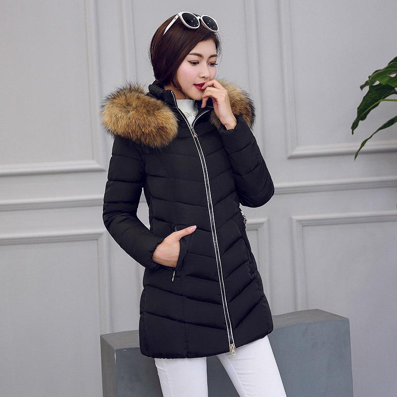 European Winter Mid-Length Women's Coat with Large Fur Collar and Hood for Cold Protection