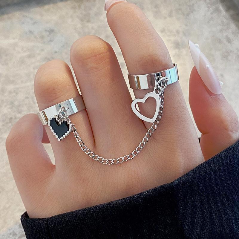 Y2K Little Devil Heart Wing Ring for Women Men Gothic Dark Cross Chain Pendant Love Crystal Opening Two Fingers Fashion Jewelry