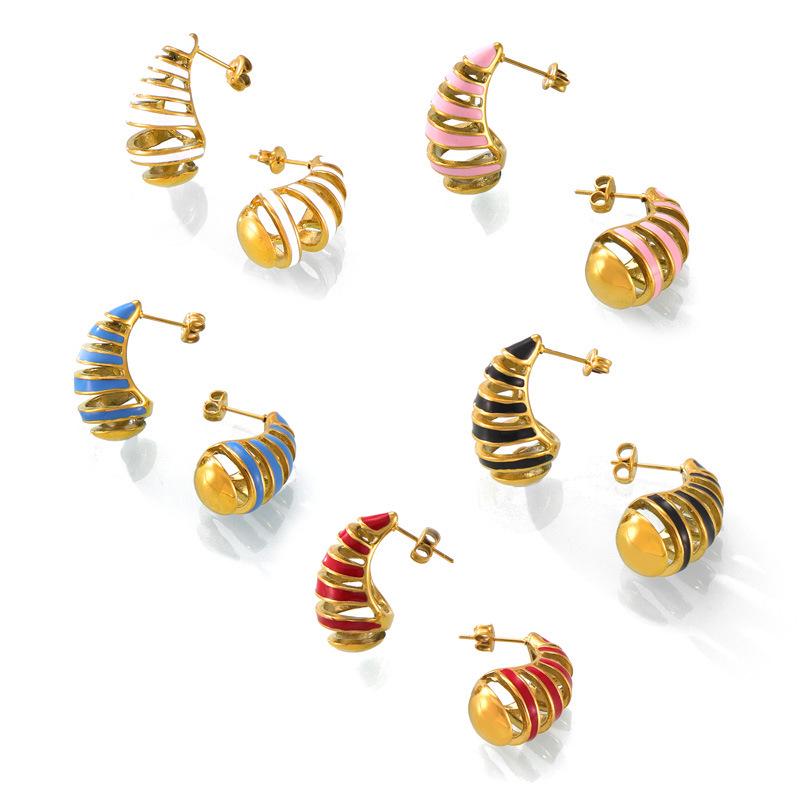 Colorful Spiral Water Drop Titanium Stud Earrings - Elegant Hollow Design, Non-Fading Luxury Jewelry