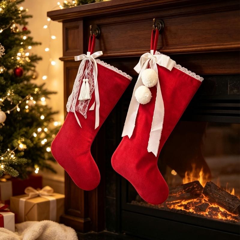 Holiday Stocking Ornament Soft Fabric with Top Tie for Christmas Tree Wall Doorway or Window Use Seasonal