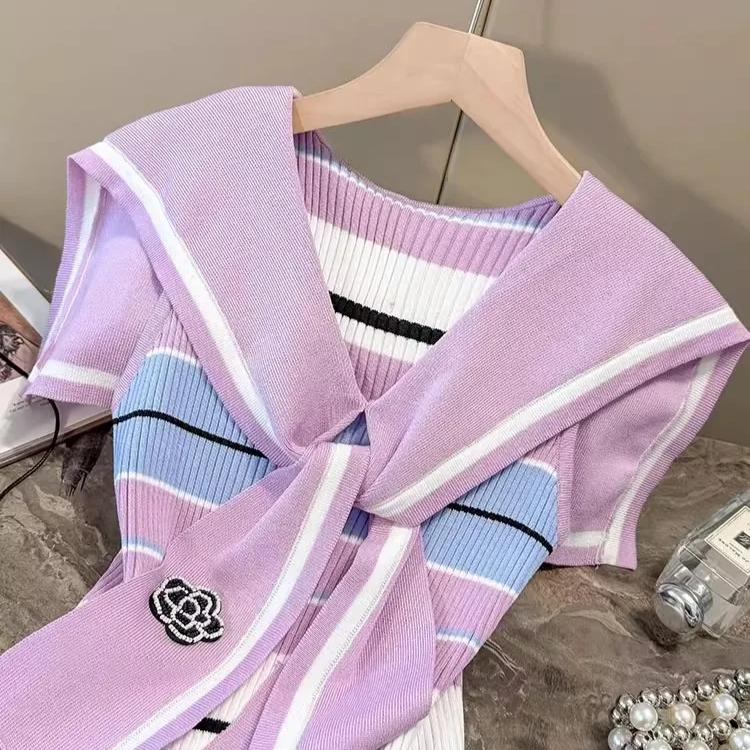 Women Flower Beading Tank Tops Striped Casual Summer Vest Ladies Summer Tops Knit Vest With Cape Knitwear B-091