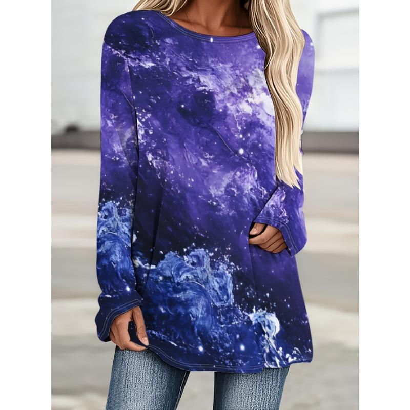 Fashionable Starry Tie Dye Gradient Print Casual Round Neck Long Sleeved T-shirt Casual Long T-shirt Top