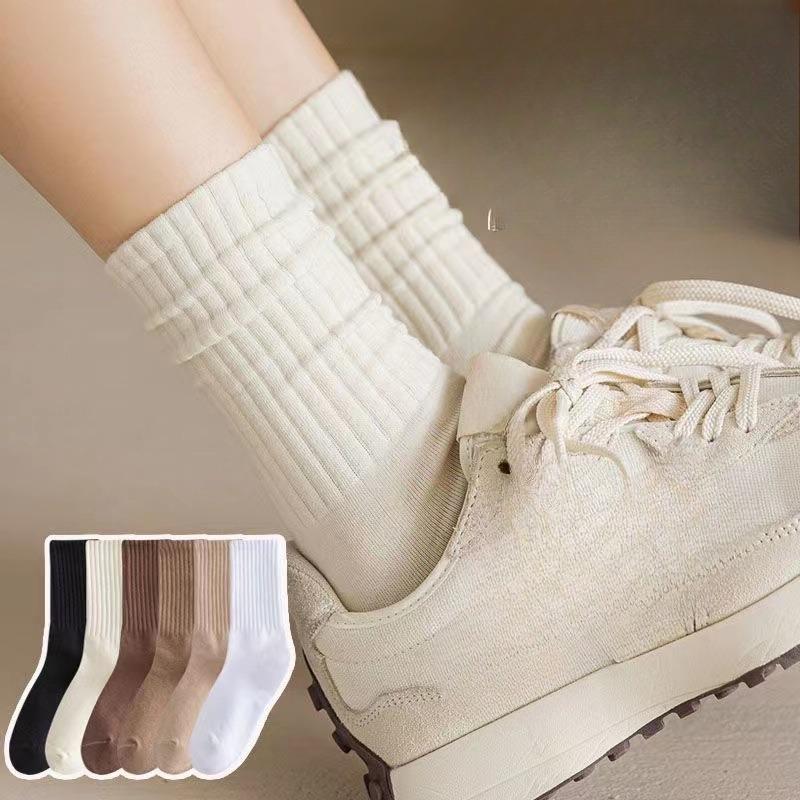 Chaussettes mi-mollet pour femmes, chaussettes éponge d'automne et d'hiver, couleur unie à rayures verticales, style collège, style sportif décontracté, chaussettes longues étudiantes