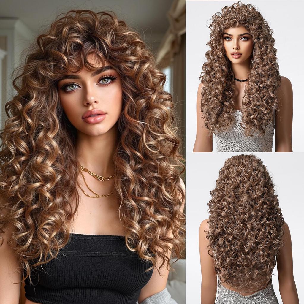 Parrucca Lunga Riccia Moda Donna, Ricci in Lana Biondo Platino Frangia ad Aria Capelli Sintetici in Fibra ad Alta Temperatura