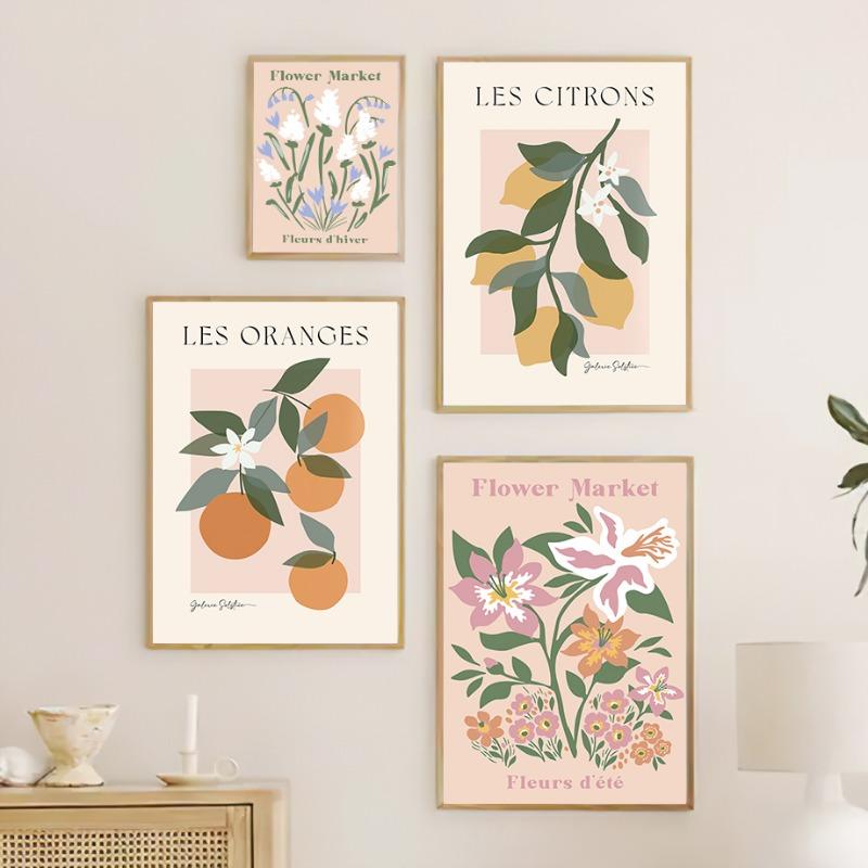 Blumenmarkt Zitrone Orange Pfirsich Frucht Poster und Drucke Wandkunst Leinwand Malerei Hotel Café Bilder Innenraum Zimmer Heimdekor