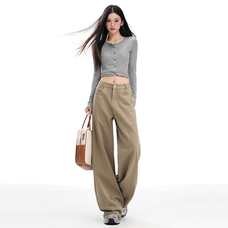 Women s American Retro Wide-Leg High-Waist Khaki Jeans - Versatile Plus Size, Autumn 2025 Collection S