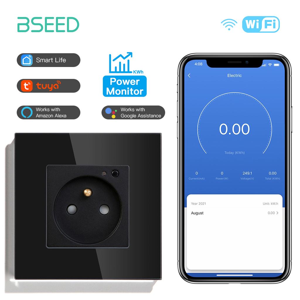 BSEED Single Wifi French Socket Double Power Monitor Wall Sockets Triple Smart Outlets Glass Frame Tuya Smart Life Control