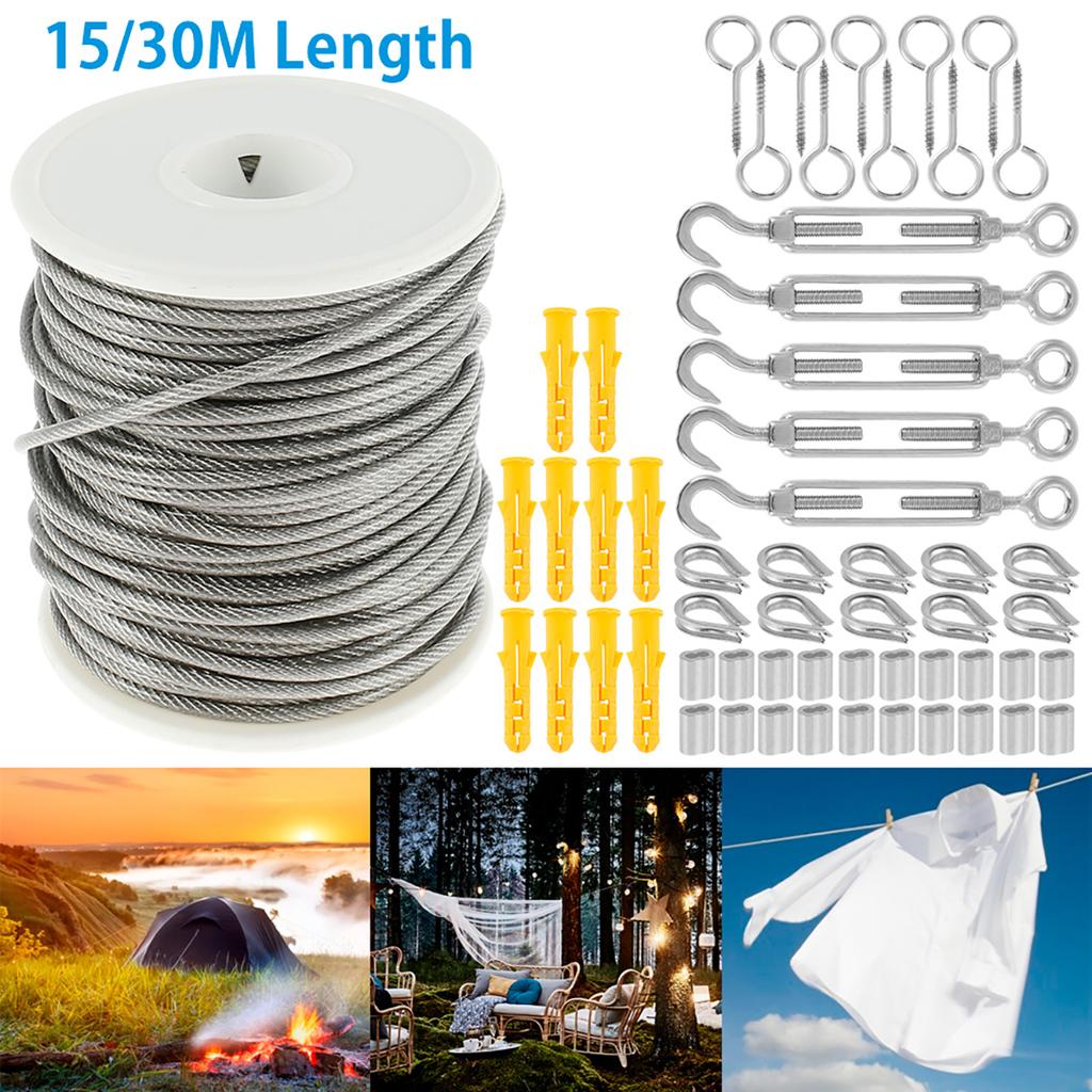 15/30m Stainless Steel Cable Rope Kits Heavy Duty Garden Wire Cable Balcony Railing Farm Fence Tent Roll 304 PVC Coated