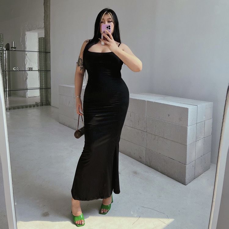 

Высококачественное сексуальное платье большого размера в европейском и американском стиле выглядит тонким и универсальным с длинной юбкой-мачехой на подтяжках с рыбьим хвостом. L чёрный