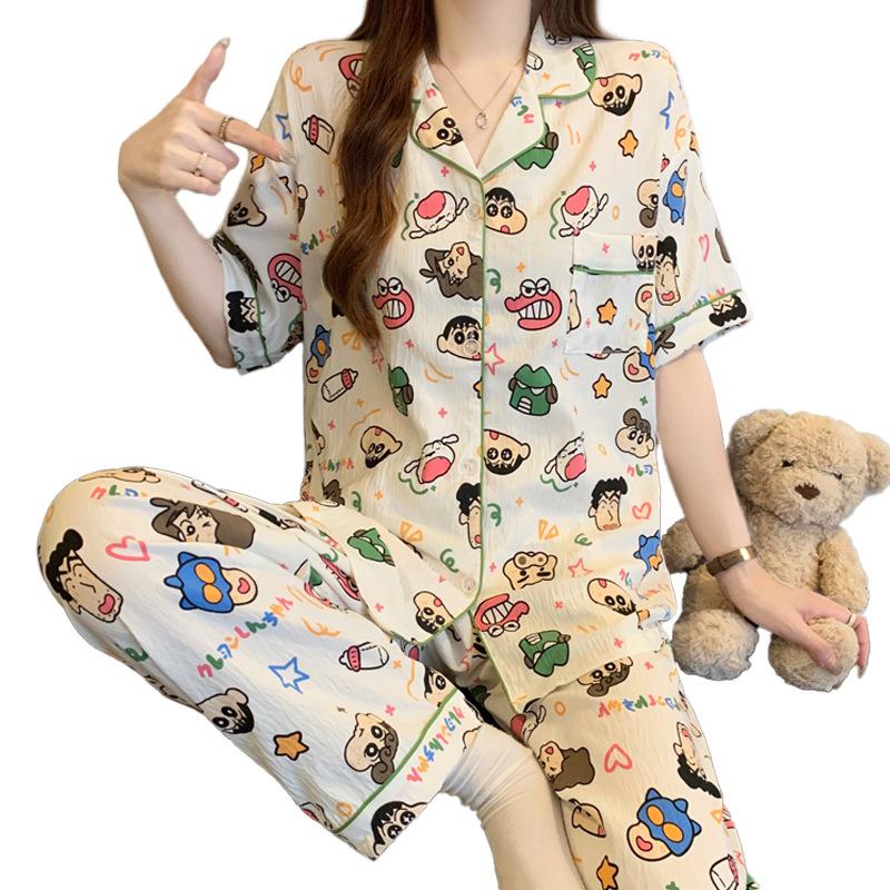 Mengqu Cartoon Cloud Cotton Pajamas Women'S Summer Short-Sleeved Trousers Set Loungewear