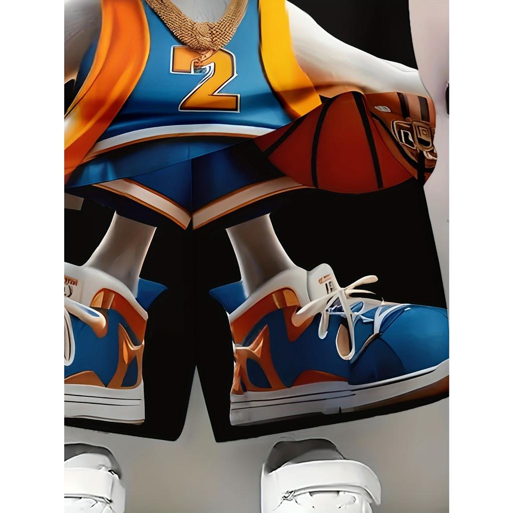Black Theme, Rabbit 3D Printing Pattern with Basketball In Hand, Fashion Trend Casual and Simple Short Sleeve Set
