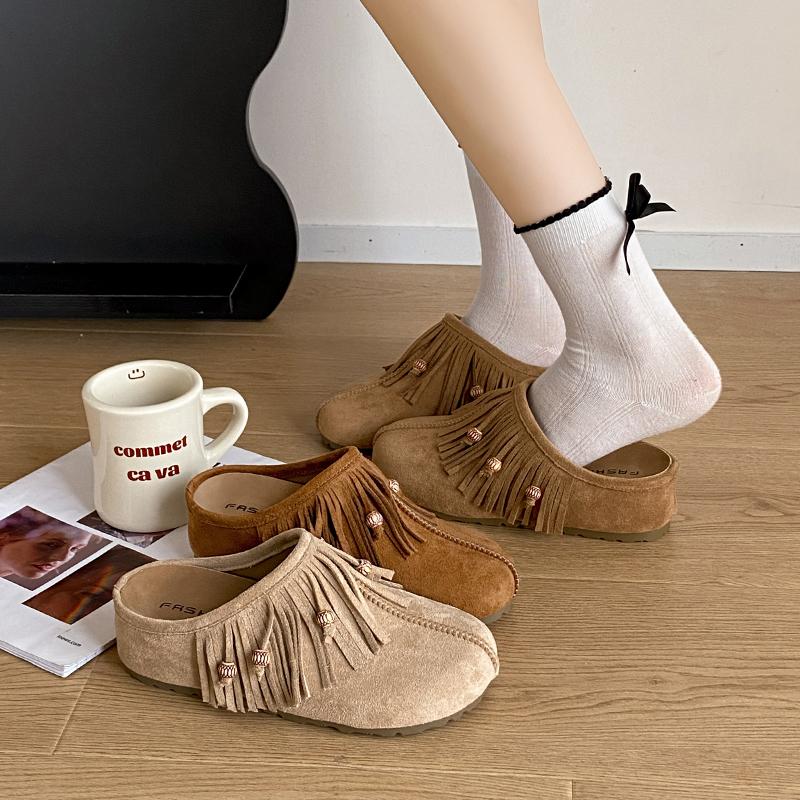 New Women's Flat Shoes Cover Toe Increased Internal Fringe String Bead Slippers Fashion All-match Spring and Autumn Single Shoes