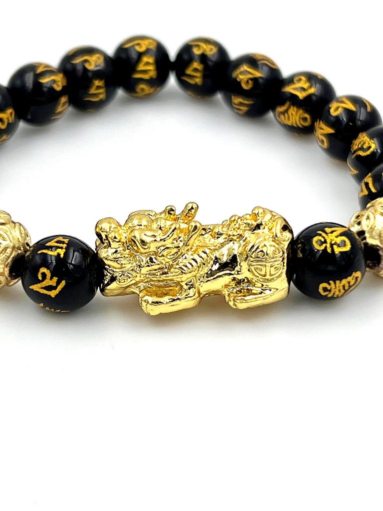 Black Beaded Bracelet with Gold Dragon Charm  Wealth & Protection Feng Shui Jewelry| Spiritual Protection Bracelet| Powerful Feng Shui Gift for Men