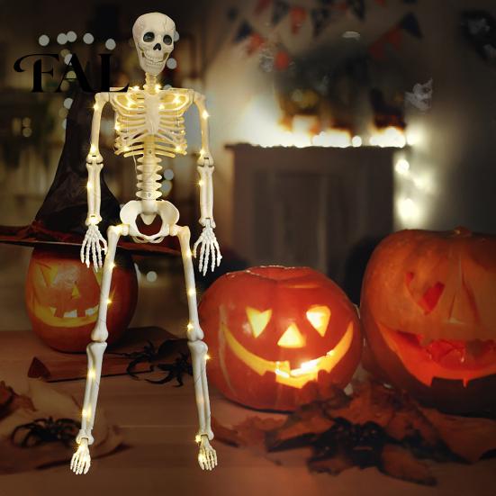 Cemetery Themed Landscaping 36 Inches LED Light Up Halloween Skeleton, 3FT Life Size Full Body Skeleton with Lights Posable Plastic Human Bones