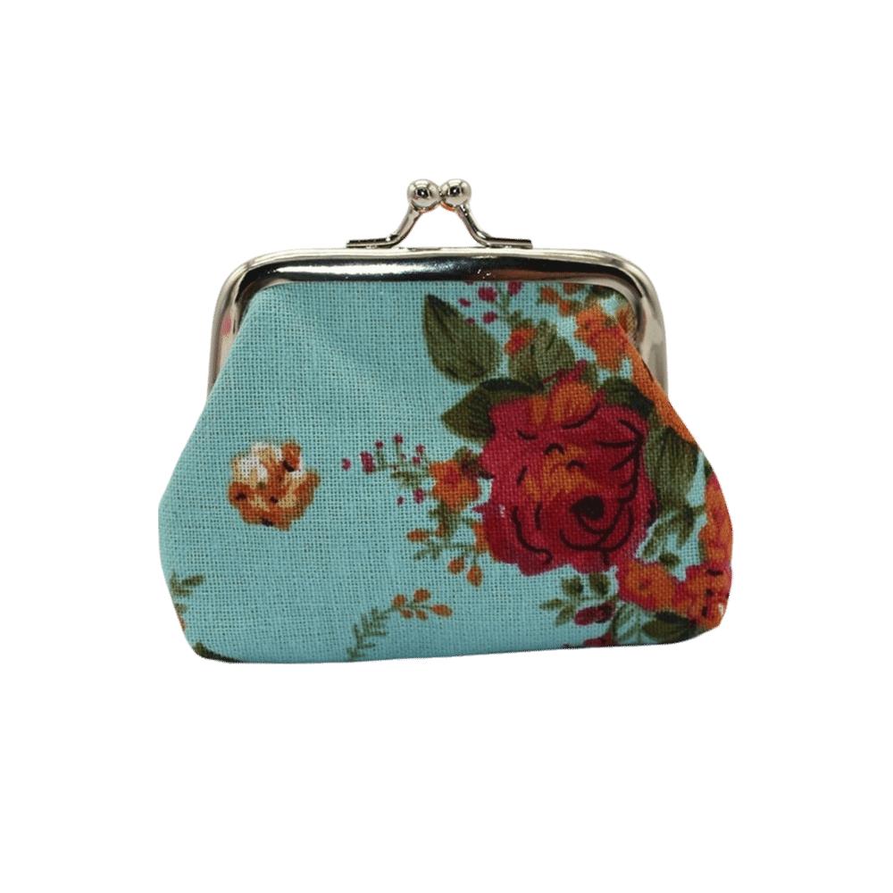 Portable Mini Coin Purse Canvas Rose Floral Print Clutch Wallet Metal Hasp Credit Card Holder for Women