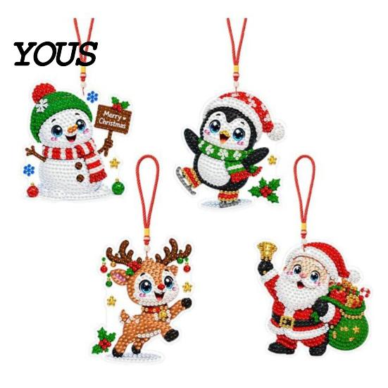 Faux Diamond Painting Craft Set 4Pcs Hanging Art Kit for Christmas Tree, DIY Mini Diamonds Kits Ornament Kit, Acrylic Window Pendant Adults Beginners