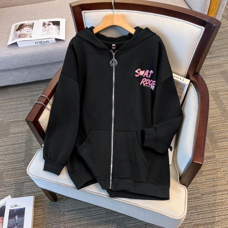 Damski kardigan zapinany na zamek w dużych rozmiarach, bluza Fat MM, modna, casualowa bluza z kapturem