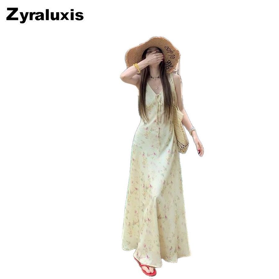 French Vacation Style Off-Shoulder Floral Sundress for Women Summer Ruched Slimming A-Line Dress Romantic Strap Maxi Dress