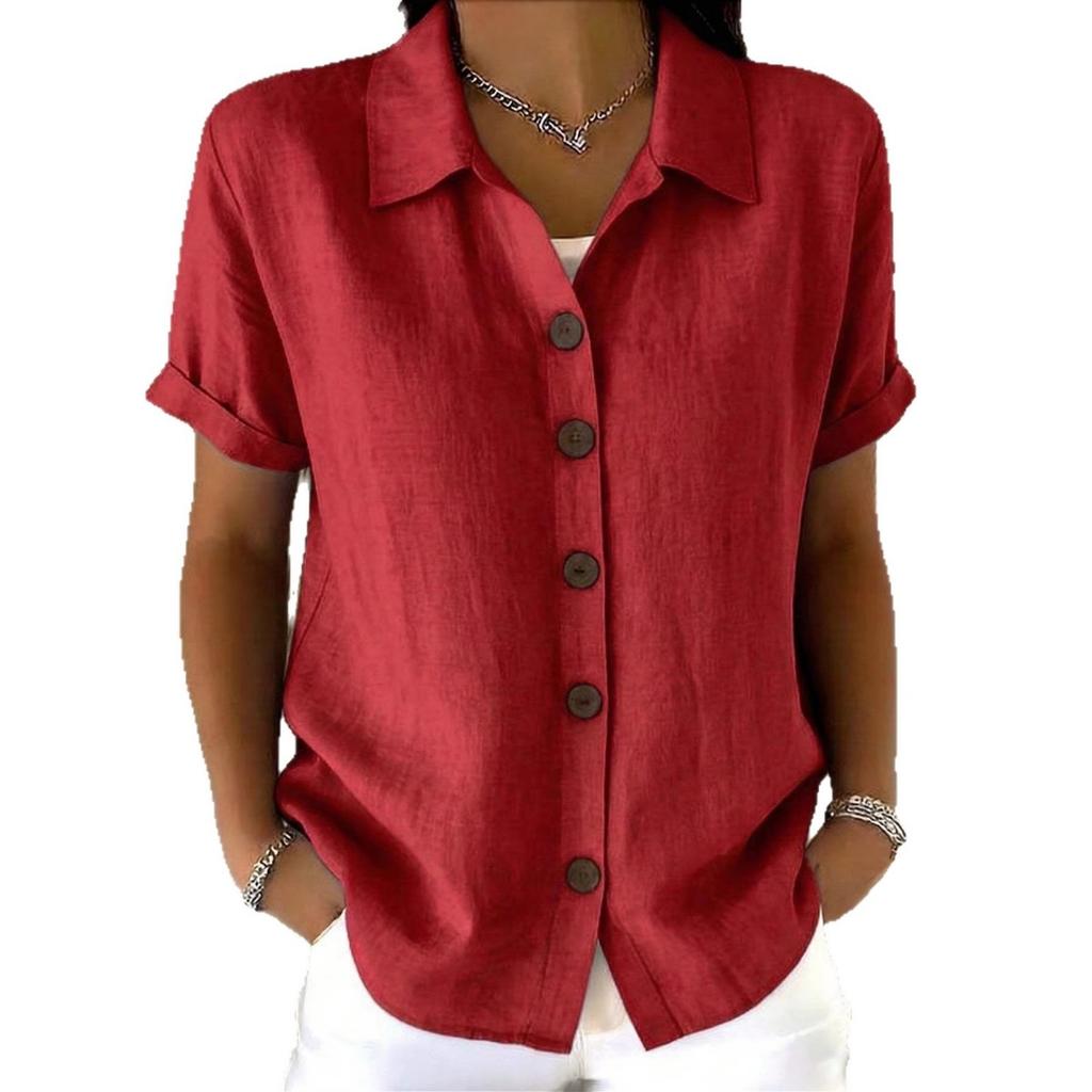 Summer Solid Color Elegant Lapel Button Short Sleeve Blouse Fashion Women's Top