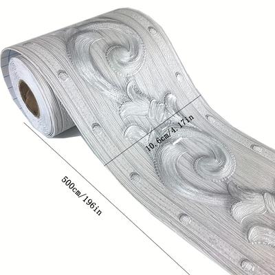 1 Rouleau Élégant Bordure de Papier Peint Floral Gris Argenté Peler et Coller Auto-Adhésif Bordure Décorative de Plafond pour Salle de Bain Cuisine Salon