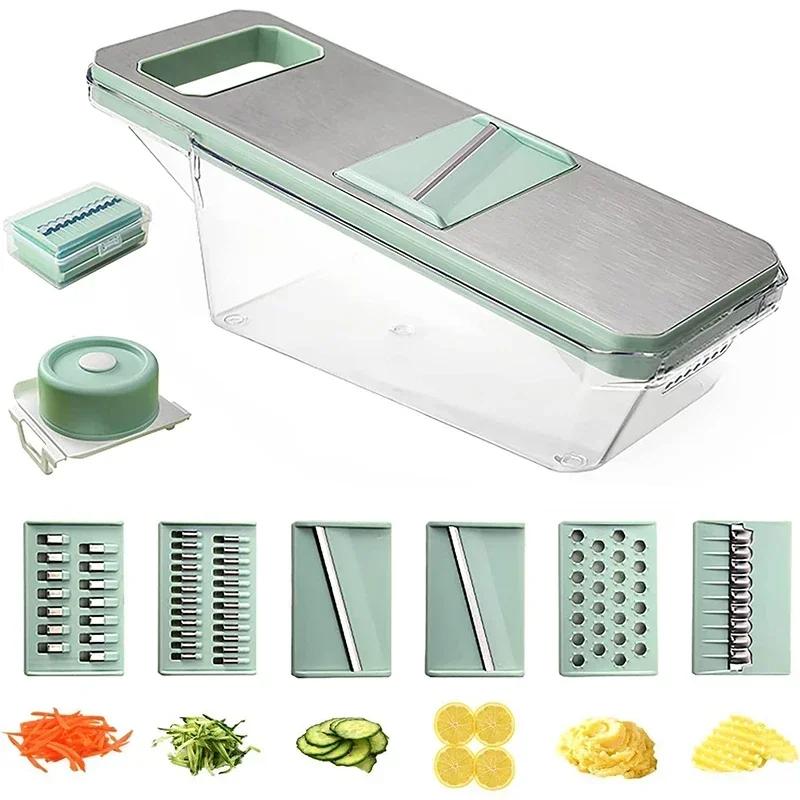 Home Vegetable Chopper & Slicer - 8 Interchangeable Blades Potato Shredder Stainless Steel Grater for Cucumber Onion with Storag